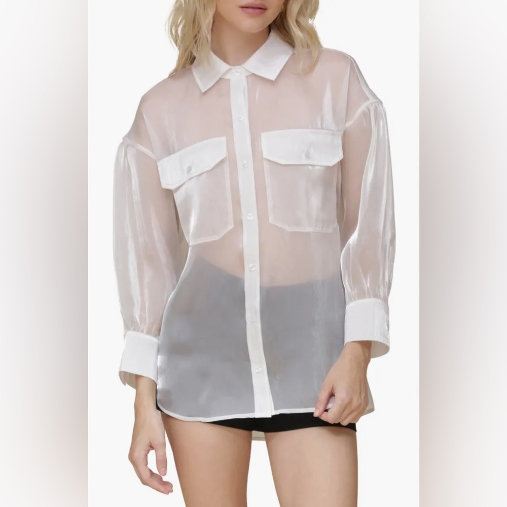 Avec Les Filles Organza White Button Down Shirt